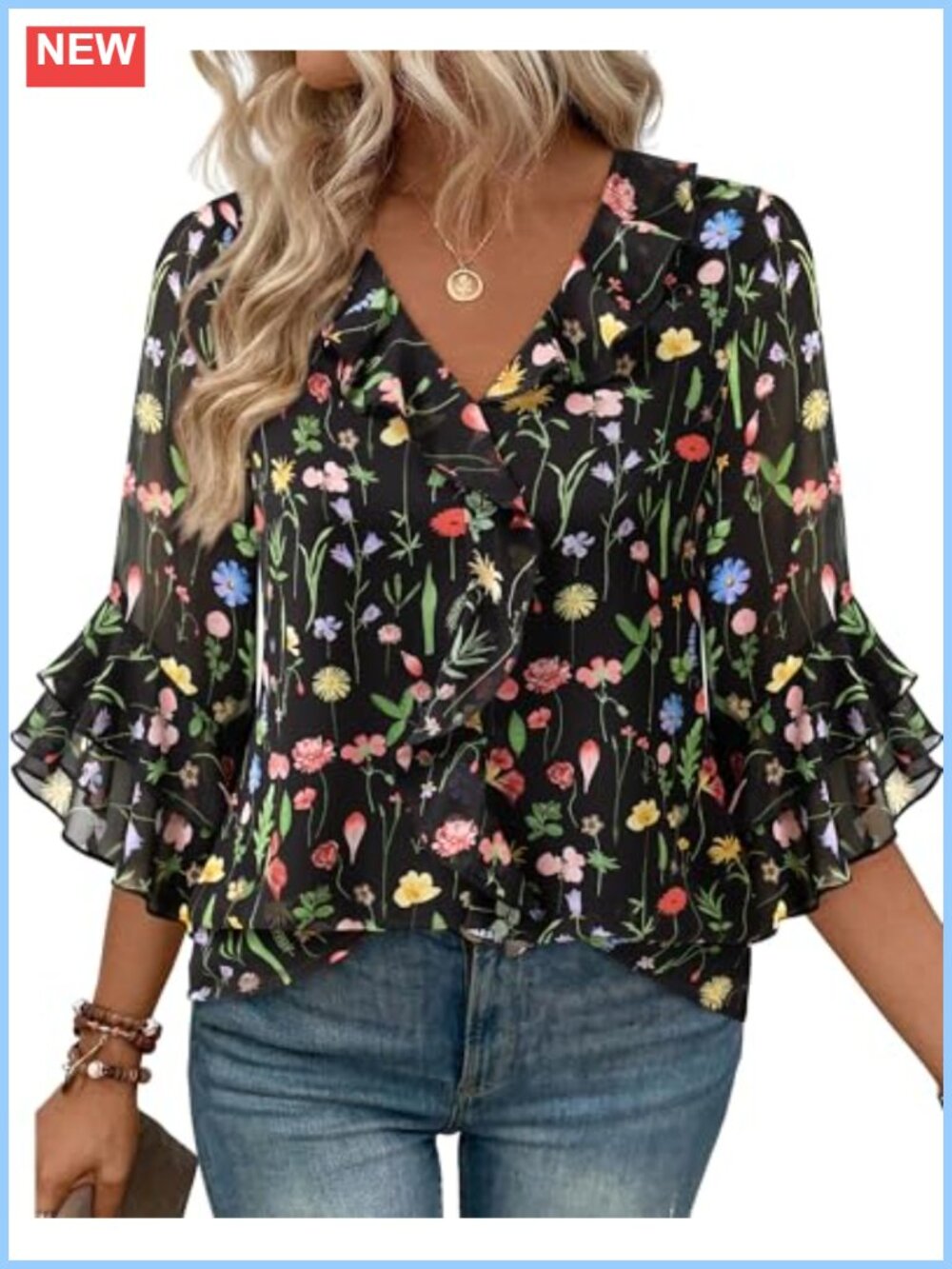 Womens Ruffle V-Neck Chiffon Blouse 3/4 Sleeve Tunic Top for Work Office